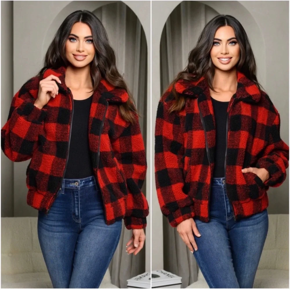 1 LEFT! Buffalo Plaid Deep Red Black Warm Lined Bomber Zippered Jacket - Picture 5 of 5